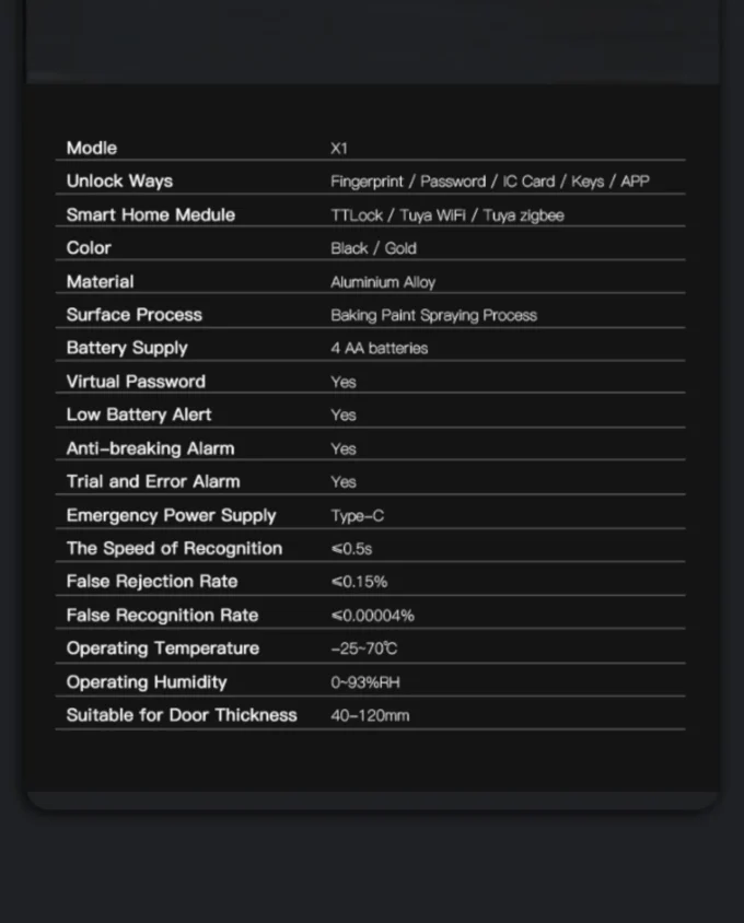 X1 Smart Lock Specifications – Fingerprint, Password, IC Card, App